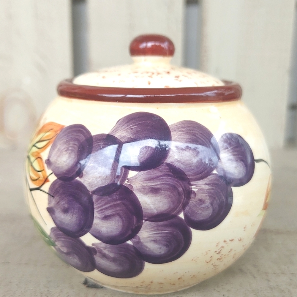 Vintage Alco Industries Grape Purple & Orange Pattern Sugar Bowl With Brown Trim